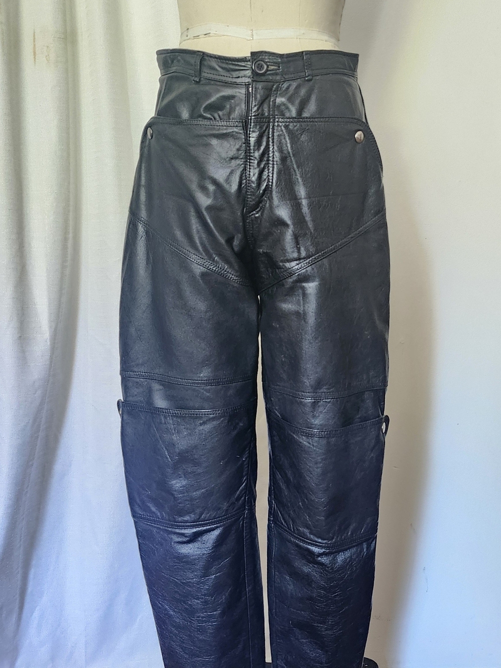 OuterScene Mens Blk Leather Utility Pants - Double Knee High Waist Straight Leg